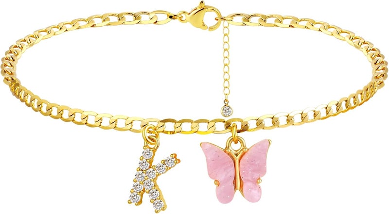 VIROMY 14K Gold Plated Dainty Butterfly Initial Ankle Bracelets Handmade Cuban Chain White Butterfly A-Z Alphabet Letter Initial Anklets Personalized Summer Beach Jewelry Gifts for Women - Image 1